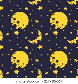 Seamless pattern with starry sky and moon. Sparkling stars in the dark sky. Space texture for printing on wallpapers, textiles and other backgrounds. Cartoon style illustration