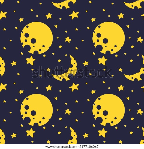 Seamless pattern\
with starry sky and moon. Sparkling stars in the dark sky. Space\
texture for printing on wallpapers, textiles and other backgrounds.\
Cartoon style\
illustration