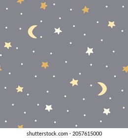 Seamless pattern of the starry sky on a gray background. Moon and stars.
