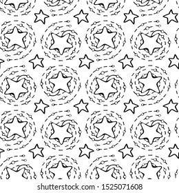 Seamless pattern starry sky, shining stars in space. A spiraling star. Hand drawn monochrome background in vector. Black and white. Art Line. Doodle. 