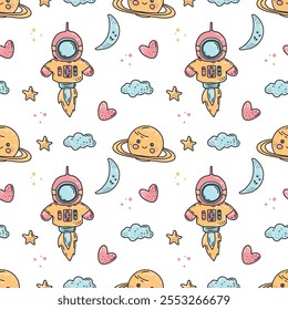 Seamless pattern. starry sky, white background. yellow stars, bizarre astronaut, alien UFO, rocket, moon for children's rooms, textiles.