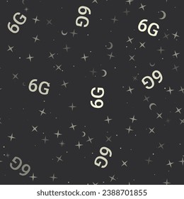 Seamless pattern with stars, 6G symbols on black background. Night sky. Vector illustration on black background