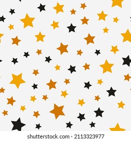 Seamless pattern with stars. Abstract geometric pattern with black, brown, yellow, beige and gold stars. Random, chaotic pastel background with cute sequins.