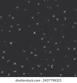 Seamless pattern with stars, abstract star symbols on black background. Night sky. Vector illustration on black background