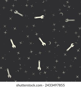 Seamless pattern with stars, adjustable wrench symbols on black background. Night sky. Vector illustration on black background