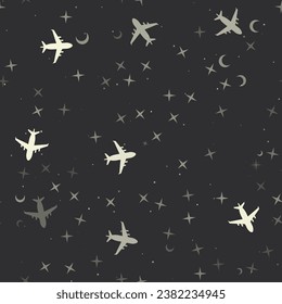 Seamless pattern with stars, airplane symbols on black background. Night sky. Vector illustration on black background