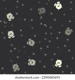 Seamless pattern with stars, alarm clock symbols on black background. Night sky. Vector illustration on black background