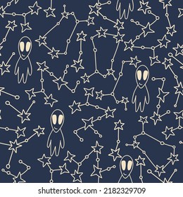 Seamless pattern with stars and aliens. Astronomical background. Print for textile, covers, surface. For fashion fabric.