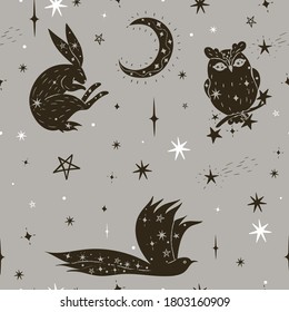 Seamless pattern with stars and animals. Vector graphics.
