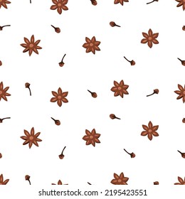 Estrellas de patrón sin soldadura anís y clavos, especias aromáticas de invierno, fondo de ilustración vectorial