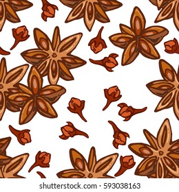 Seamless pattern of stars anise and cloves on a white background, vector illustration