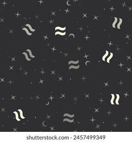 Seamless pattern with stars, approximately equal symbols on black background. Night sky. Vector illustration on black background