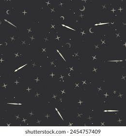 Seamless pattern with stars, artistic brush symbols on black background. Night sky. Vector illustration on black background