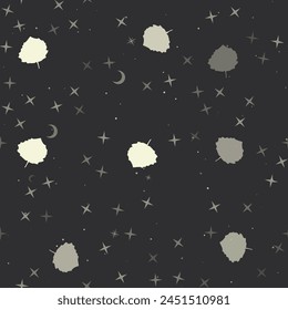 Patrón sin fisuras con estrellas, hojas de álamo sobre fondo negro. Cielo nocturno. Ilustración vectorial sobre fondo negro