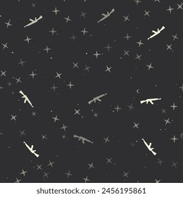 Seamless pattern with stars, assault rifles on black background. Night sky. Vector illustration on black background