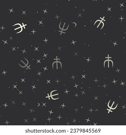 Seamless pattern with stars, astrological neptune symbols on black background. Night sky. Vector illustration on black background