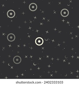 Seamless pattern with stars, astrological sun symbols on black background. Night sky. Vector illustration on black background