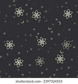 Nahtloses Muster mit Sternen, atomare Symbole auf schwarzem Hintergrund. Nachthimmel. Vektorgrafik auf schwarzem Hintergrund