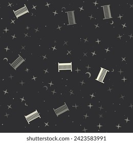 Seamless pattern with stars, baby cot symbols on black background. Night sky. Vector illustration on black background