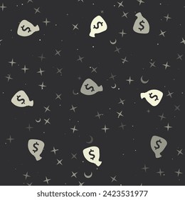 Seamless pattern with stars, bag of money symbols on black background. Night sky. Vector illustration on black background