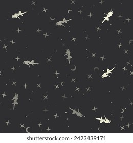 Seamless pattern with stars, ballerina symbols on black background. Night sky. Vector illustration on black background