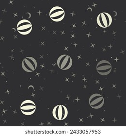 Seamless pattern with stars, beach ball symbols on black background. Night sky. Vector illustration on black background