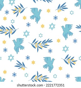 Seamless pattern with stars, birds and olives branches. Perfect for wrapping paper, greeting cards, wallpaper. Jewish holidays. Hanukkah print