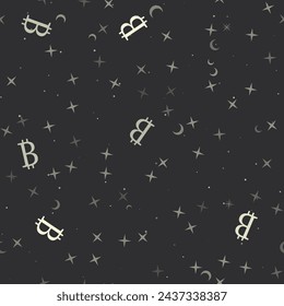 Seamless pattern with stars, bitcoin symbols on black background. Night sky. Vector illustration on black background