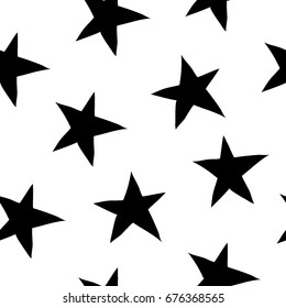Seamless pattern with stars. Black and white, monochrome vector illustration. Hand drawn cosmic elements. Simple geometric texture for textile, fabric, paper. Sky, space, universe