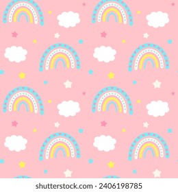 Seamless pattern with stars, boho rainbows and clouds. Celestial childish print on pink background. 