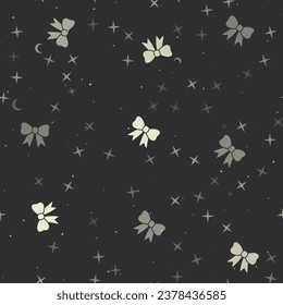 Patrón sin brillo con estrellas, símbolos de arco sobre fondo negro. Cielo nocturno. Ilustración del vector sobre fondo negro