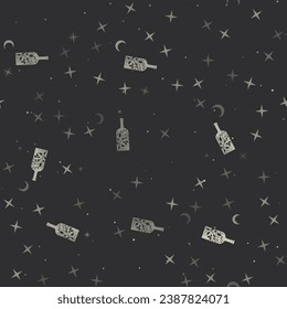 Seamless pattern with stars, a branch in a bottle symbols on black background. Night sky. Vector illustration on black background