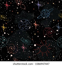 Seamless Pattern with stars and bright shiny stars on dark background. Cosmic Background for cards, book covers, templates, patterns, etc. Vector Illustration