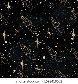 Seamless Pattern with stars and bright shiny stars on dark background. Cosmic Background for cards, book covers, templates, patterns, etc. Vector Illustration