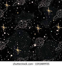 Seamless Pattern with stars and bright shiny stars on dark background. Cosmic Background for cards, book covers, templates, patterns, etc. Vector Illustration