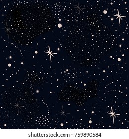 Patrón sin fisuras con estrellas y estrellas brillantes brillantes sobre fondo oscuro. Fondo cósmico para tarjetas, cubiertas de libros, Plantillas, patrones, etc. Ilustración vectorial