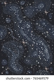 Seamless Pattern with stars and bright shiny stars on dark background. Cosmic Background for cards, book covers, templates, patterns, etc. Vector Illustration