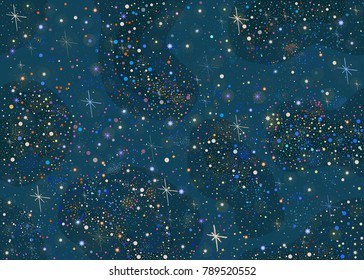 Seamless Pattern with stars and bright shiny stars on dark background.