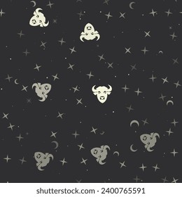 Seamless pattern with stars, buffalo head symbols on black background. Night sky. Vector illustration on black background