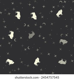 Seamless pattern with stars, buffalo symbols on black background. Night sky. Vector illustration on black background