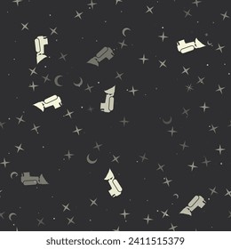 Seamless pattern with stars, bulldozer symbols on black background. Night sky. Vector illustration on black background