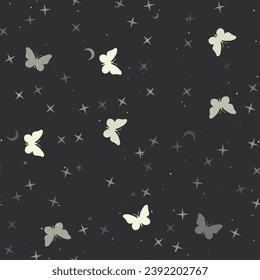 Seamless pattern with stars, butterfly symbols on black background. Night sky. Vector illustration on black background