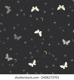 Seamless pattern with stars, butterfly symbols on black background. Night sky. Vector illustration on black background