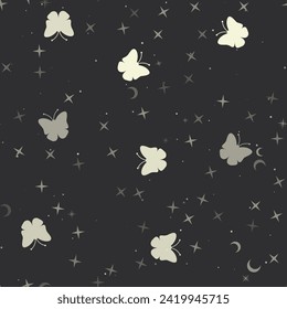 Seamless pattern with stars, butterfly symbols on black background. Night sky. Vector illustration on black background