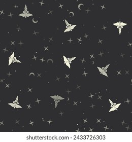 Seamless pattern with stars, caduceus symbols on black background. Night sky. Vector illustration on black background