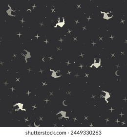 Patrón sin fisuras con estrellas, símbolos de camello sobre fondo negro. Cielo nocturno. Ilustración vectorial sobre fondo negro