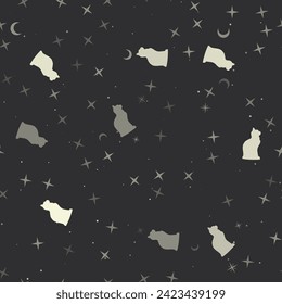 Seamless pattern with stars, cat symbols on black background. Night sky. Vector illustration on black background