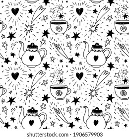 Seamless pattern with stars and celestial elements. Hand drawn pattern with magic teapot and a cup of magic drink. Vector stock illustration black on a white background.