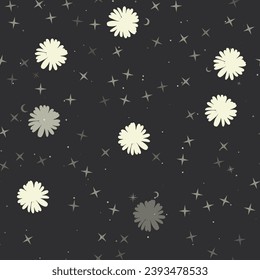 Seamless pattern with stars, chamomile flowers on black background. Night sky. Vector illustration on black background