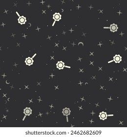 Patrón sin fisuras con estrellas, símbolos de manzanilla sobre fondo negro. Cielo nocturno. Ilustración vectorial sobre fondo negro